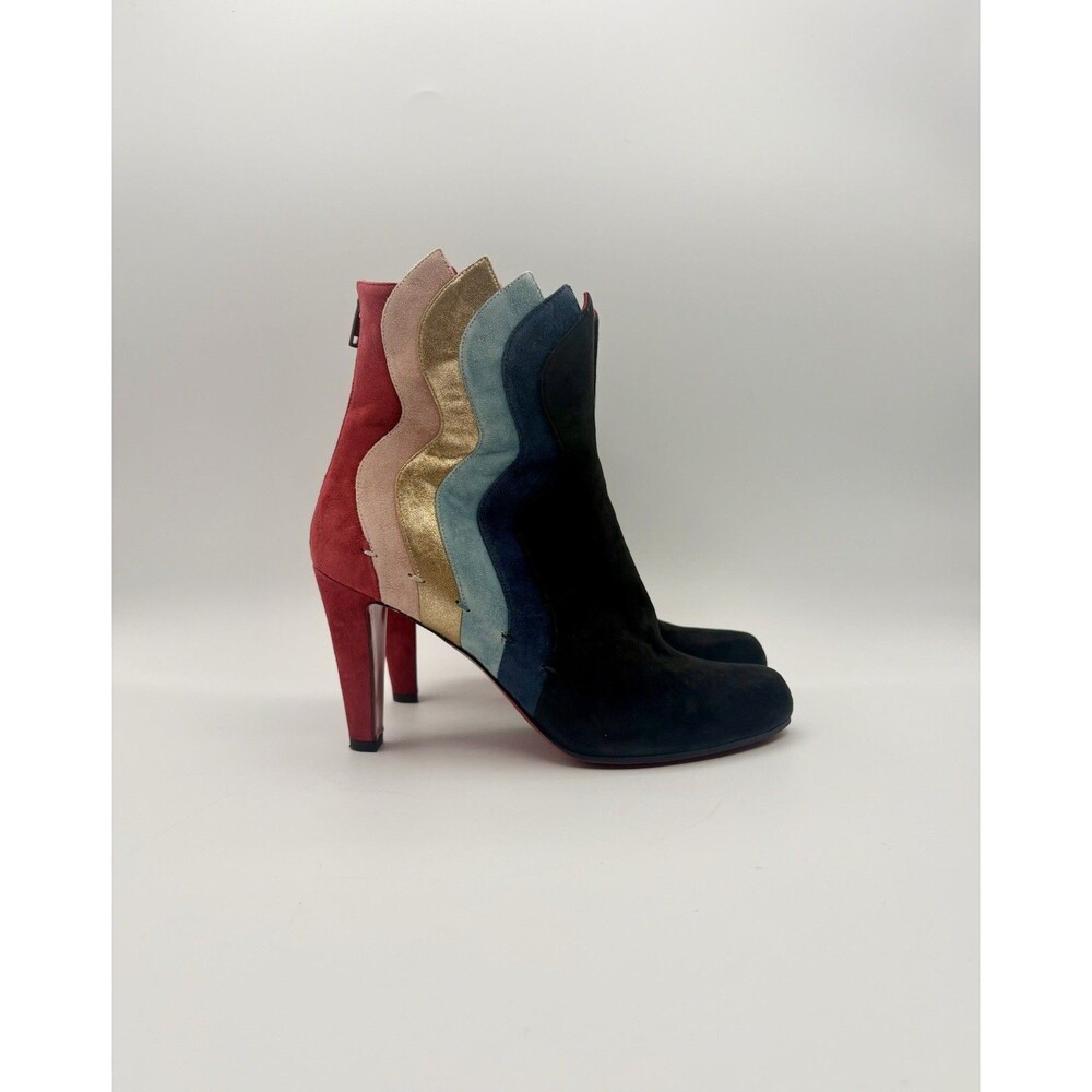 Christian Louboutin Wavy 85 Navy Blue Pink Red Suede Ankle Boots Size EU 37.5